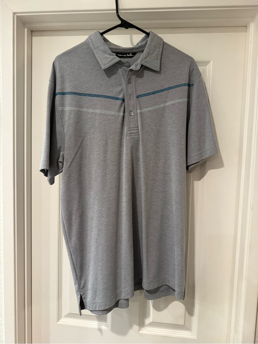 TravisMathew Light Gray Polo with Teal Chest Stripe